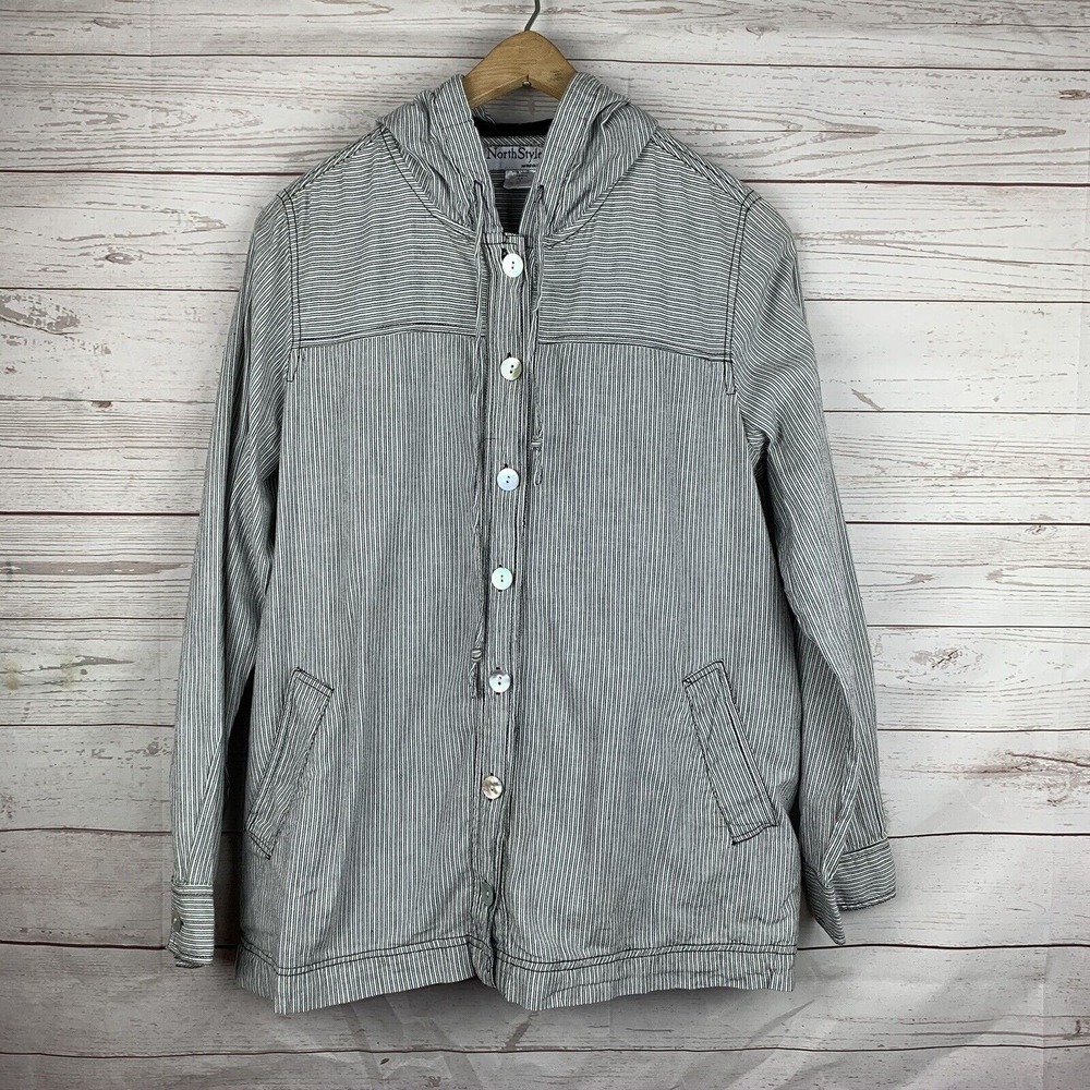 NorthStyle Jacket Women Medium Gray White Stripe Hooded Button Front Utility